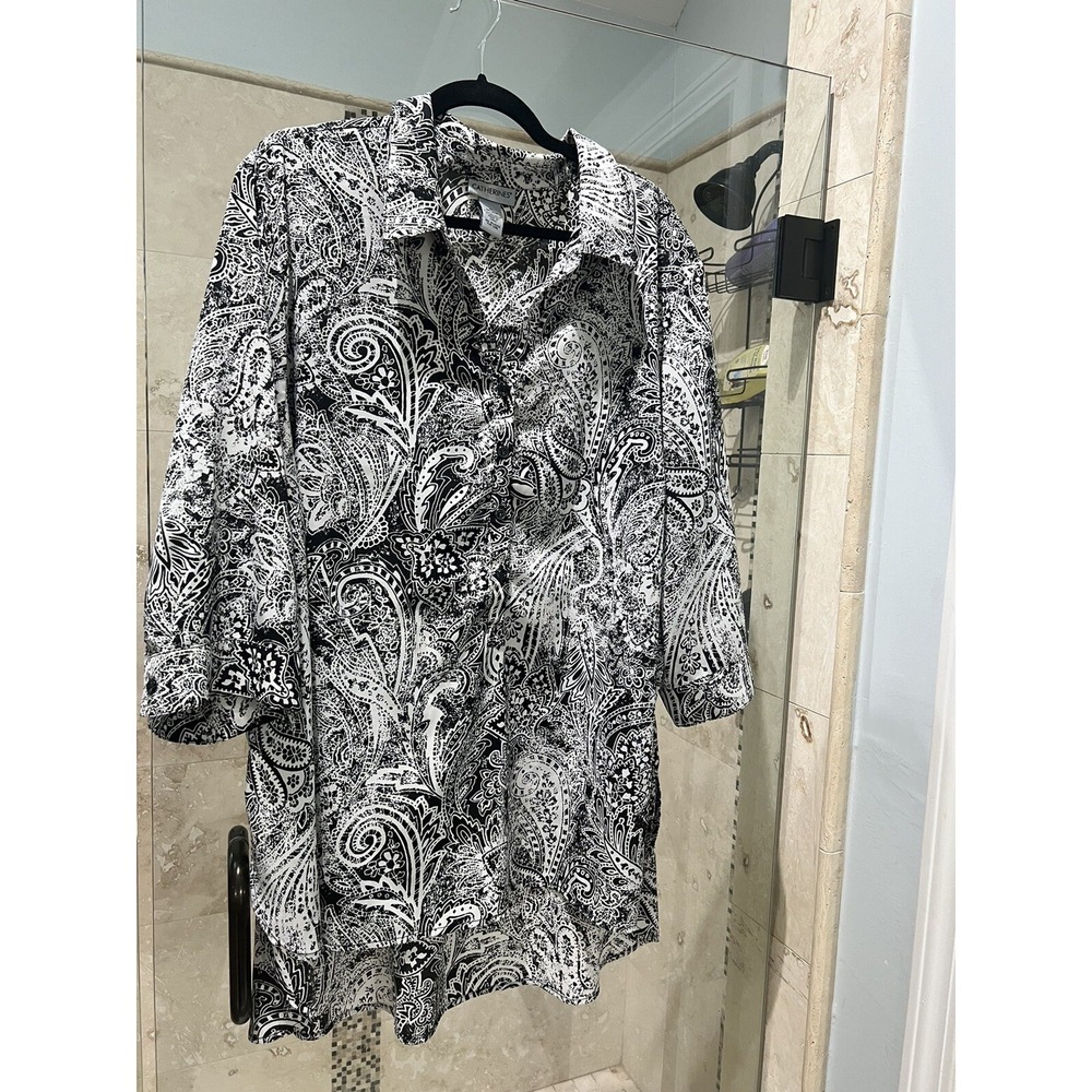 Catherines Women Black White Paisley Button Down 3/4 Sleeve Blouse 3X 26/28W